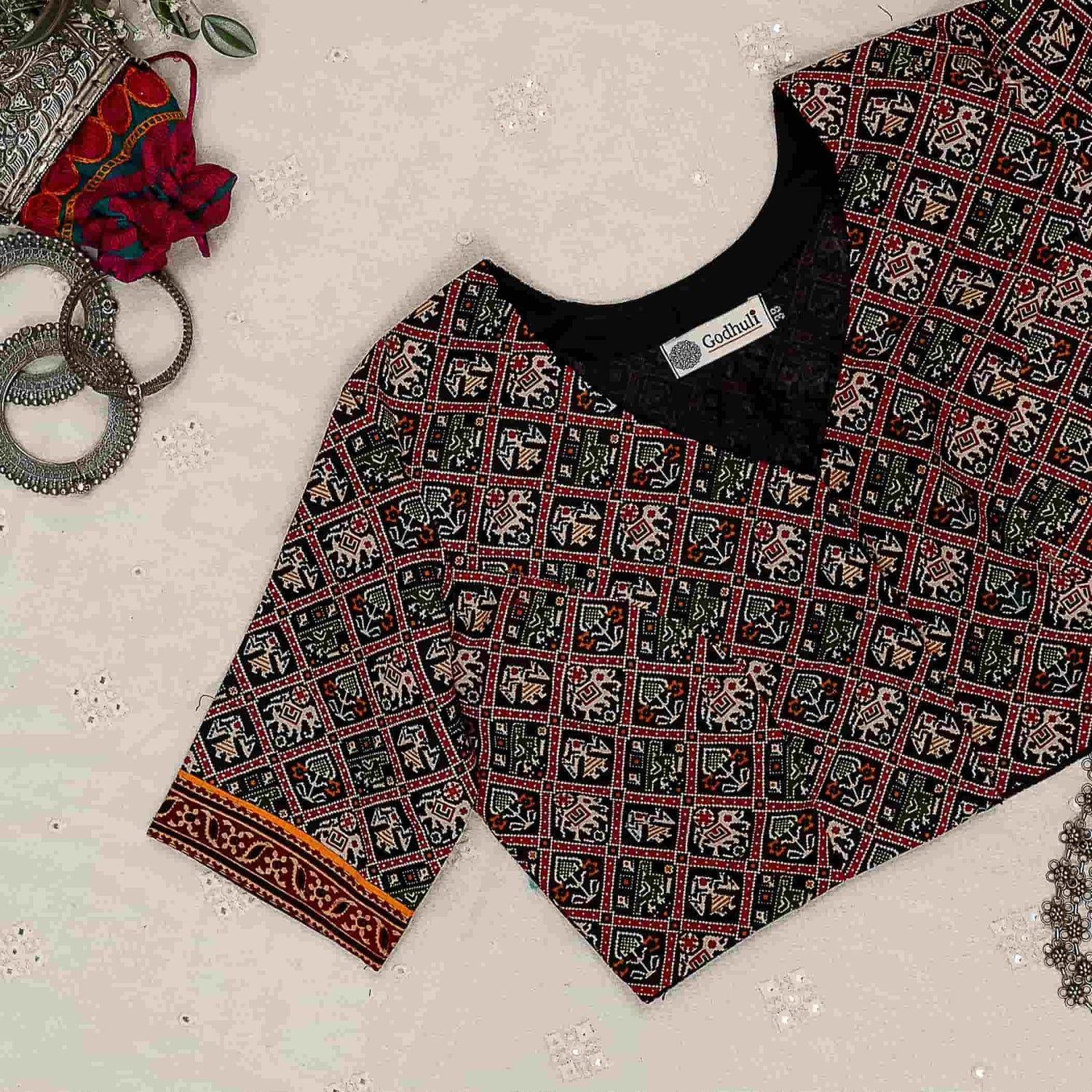 Black Cotton Patola Print Readymade Blouse | Godhuli