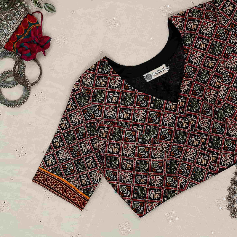 Black Cotton Patola Print Readymade Blouse | Godhuli