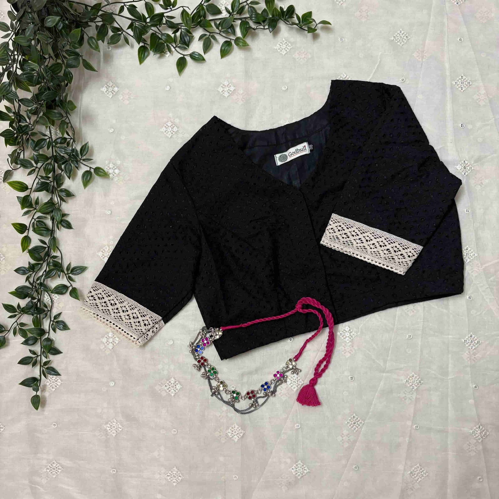 Black Cut Work Embroidered Readymade Blouse | Godhuli