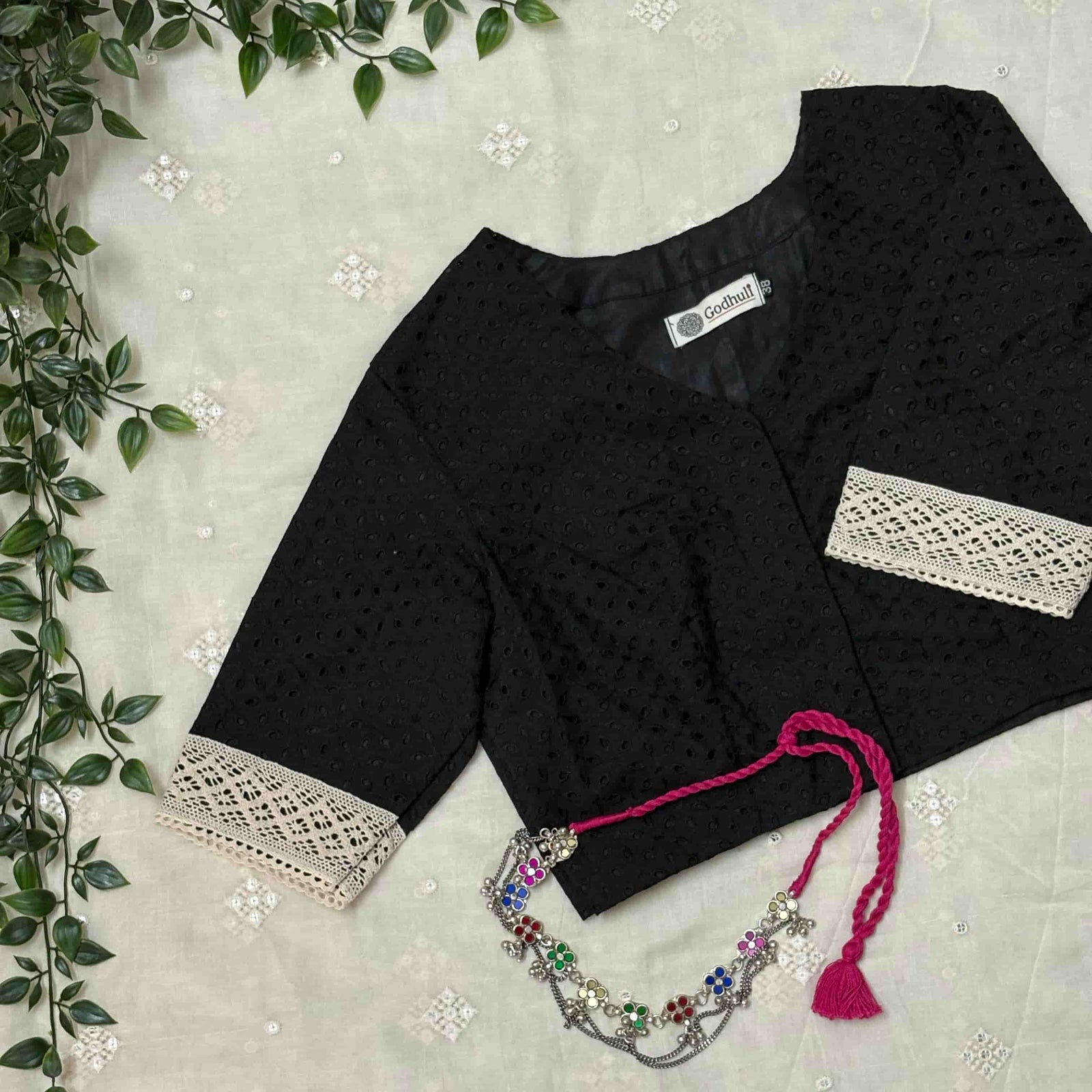 Black Cut Work Embroidered Readymade Blouse | Godhuli