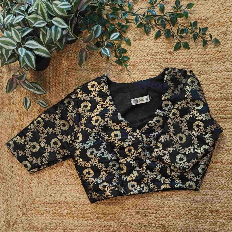Black Floral Jaal Kimkhab Banarasi Brocade Readymade Blouse | Godhuli