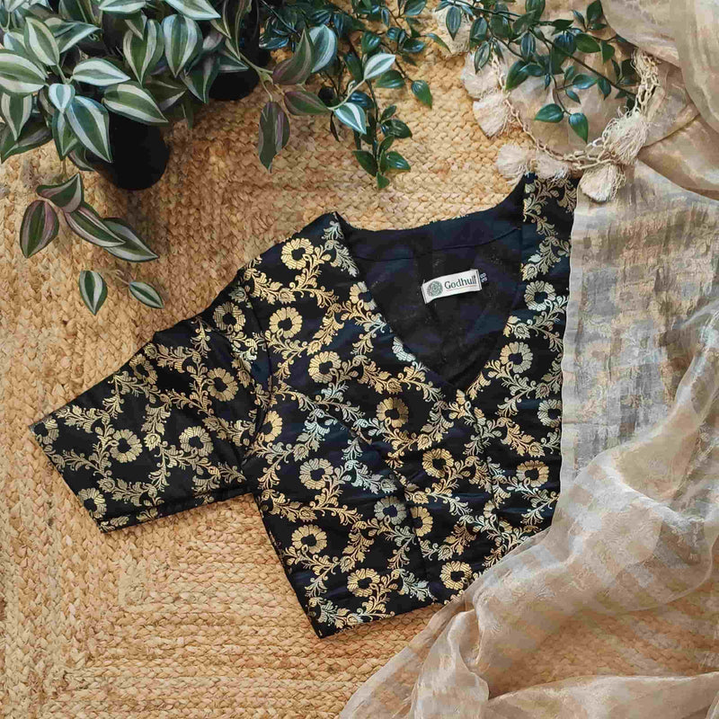 Black Floral Jaal Kimkhab Banarasi Brocade Readymade Blouse | Godhuli