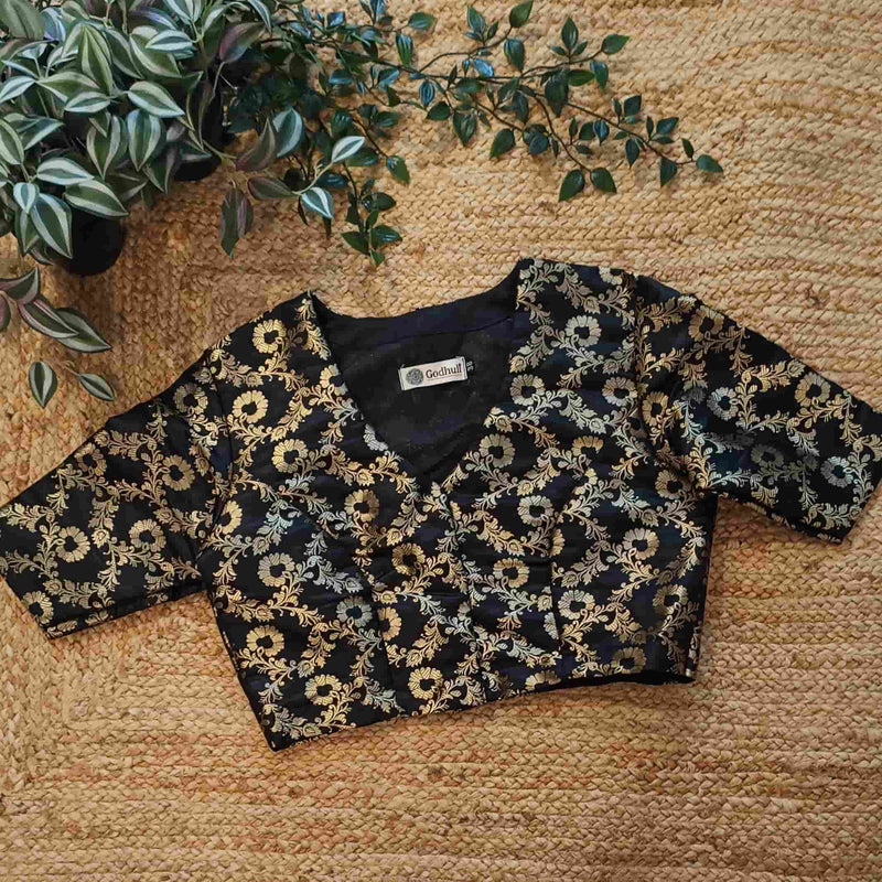 Black Floral Jaal Kimkhab Banarasi Brocade Readymade Blouse | Godhuli