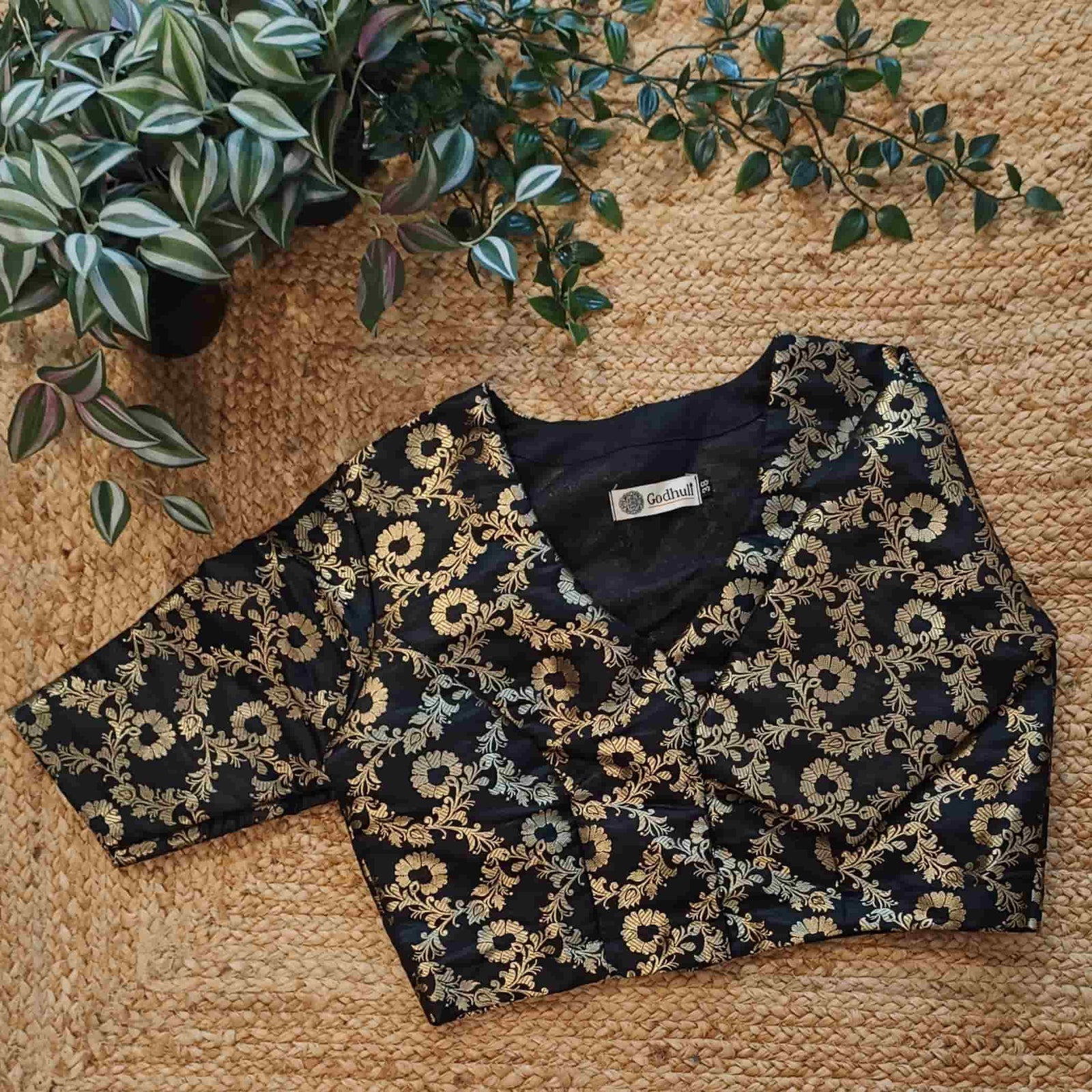 Black Floral Jaal Kimkhab Banarasi Brocade Readymade Blouse | Godhuli