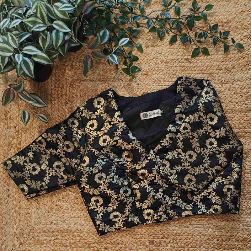 Black Floral Jaal Kimkhab Banarasi Brocade Readymade Blouse | Godhuli