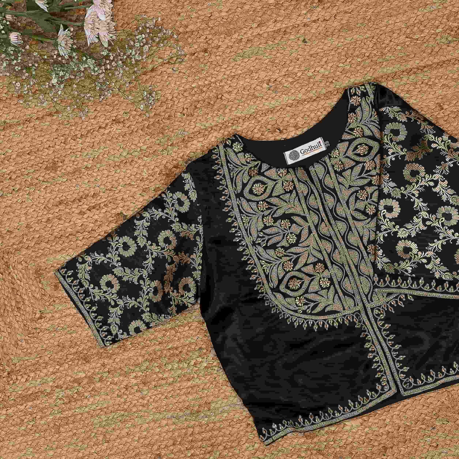 Black Gaji Silk Aari Work Readymade Blouse | Godhuli