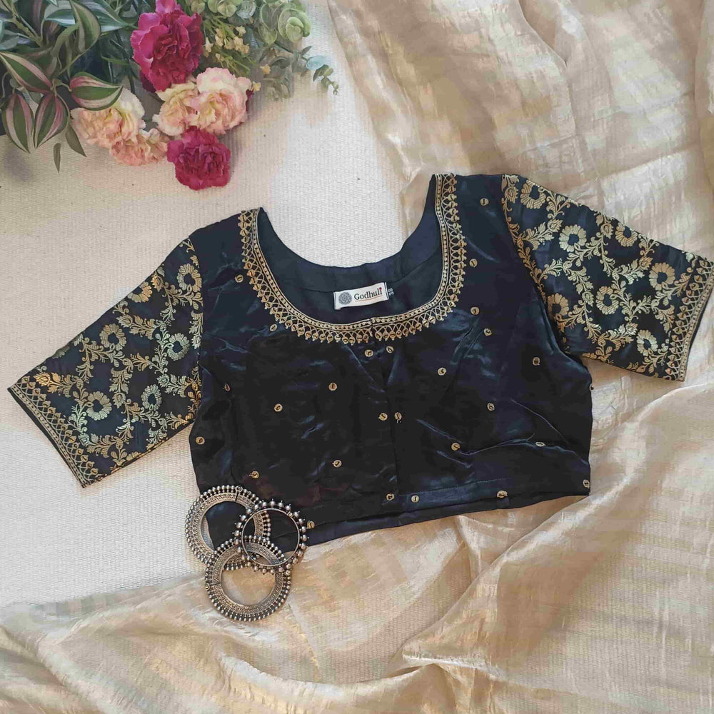 Black Gaji Silk Brocade Sleeves Aari Work Readymade Blouse | Godhuli