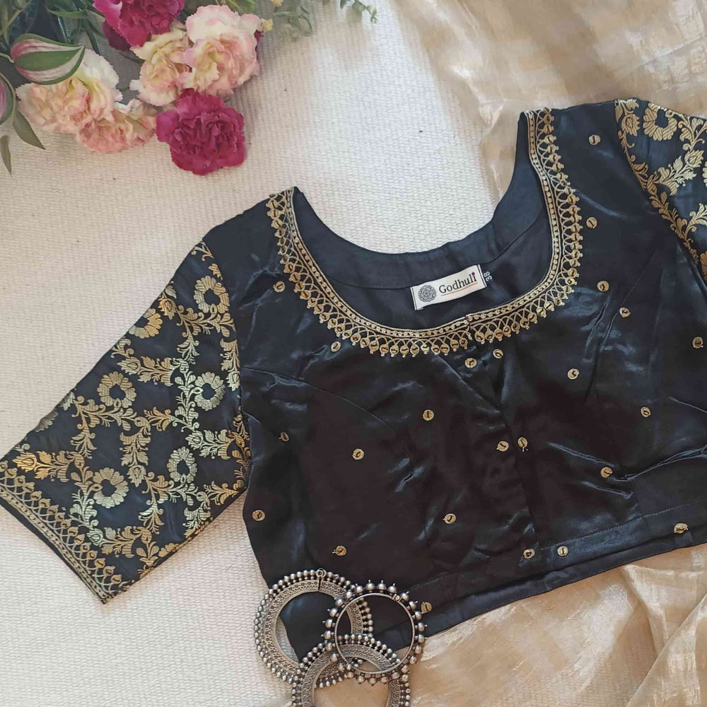 Black Gaji Silk Brocade Sleeves Aari Work Readymade Blouse | Godhuli