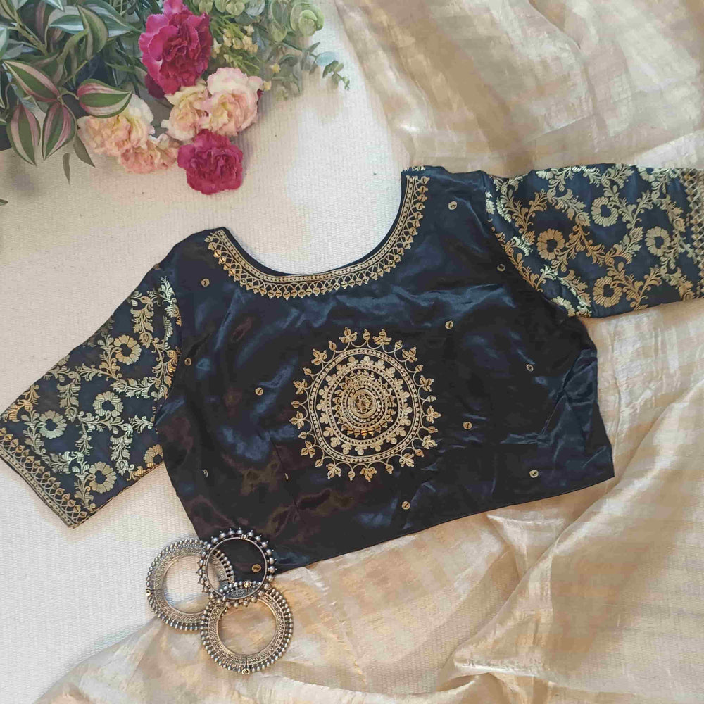 Black Gaji Silk Brocade Sleeves Aari Work Readymade Blouse | Godhuli