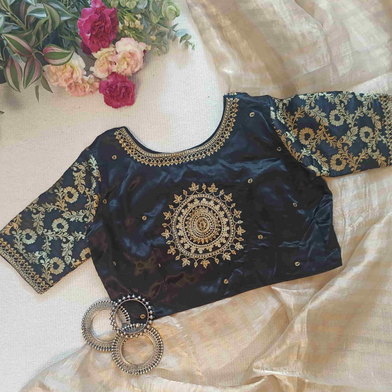 Black Gaji Silk Brocade Sleeves Aari Work Readymade Blouse | Godhuli