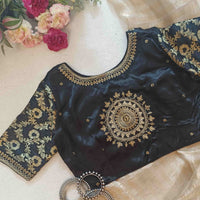 Black Gaji Silk Brocade Sleeves Aari Work Readymade Blouse | Godhuli