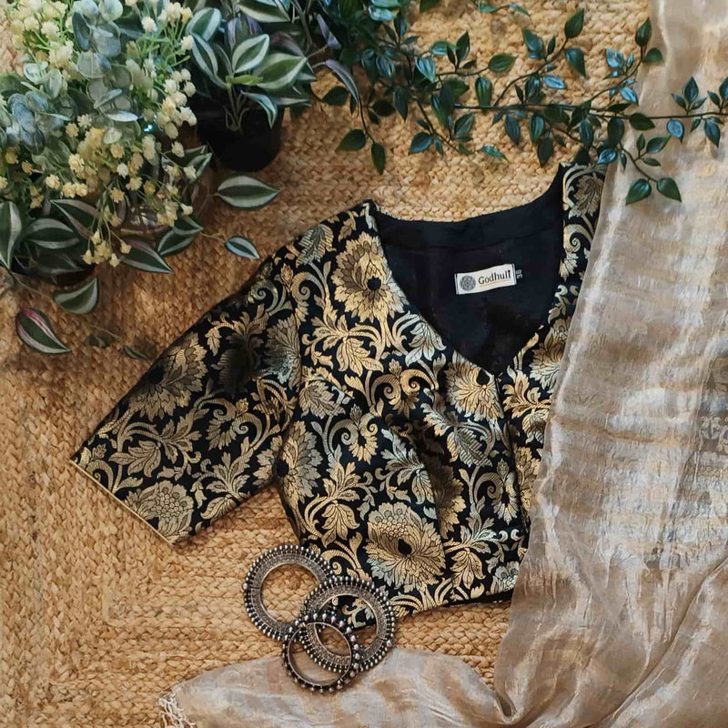 Black Kimkhab Banarasi Brocade Readymade Blouse | Godhuli