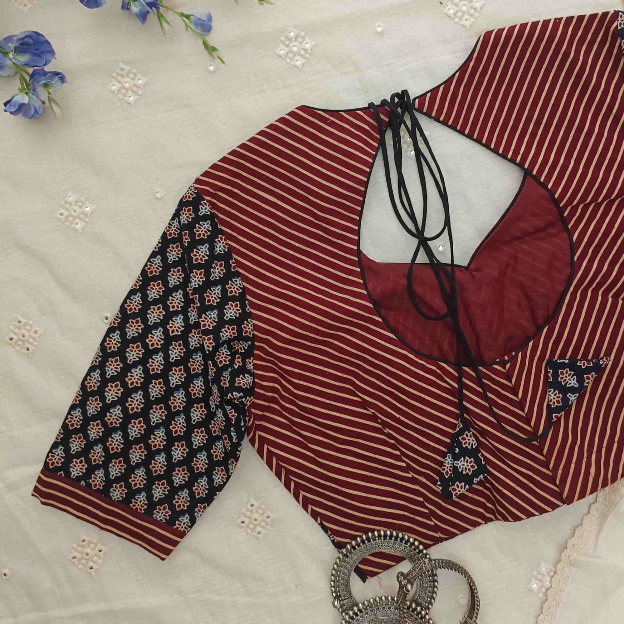 Black Maroon Ajrakh Choli Readymade Blouse | Godhuli