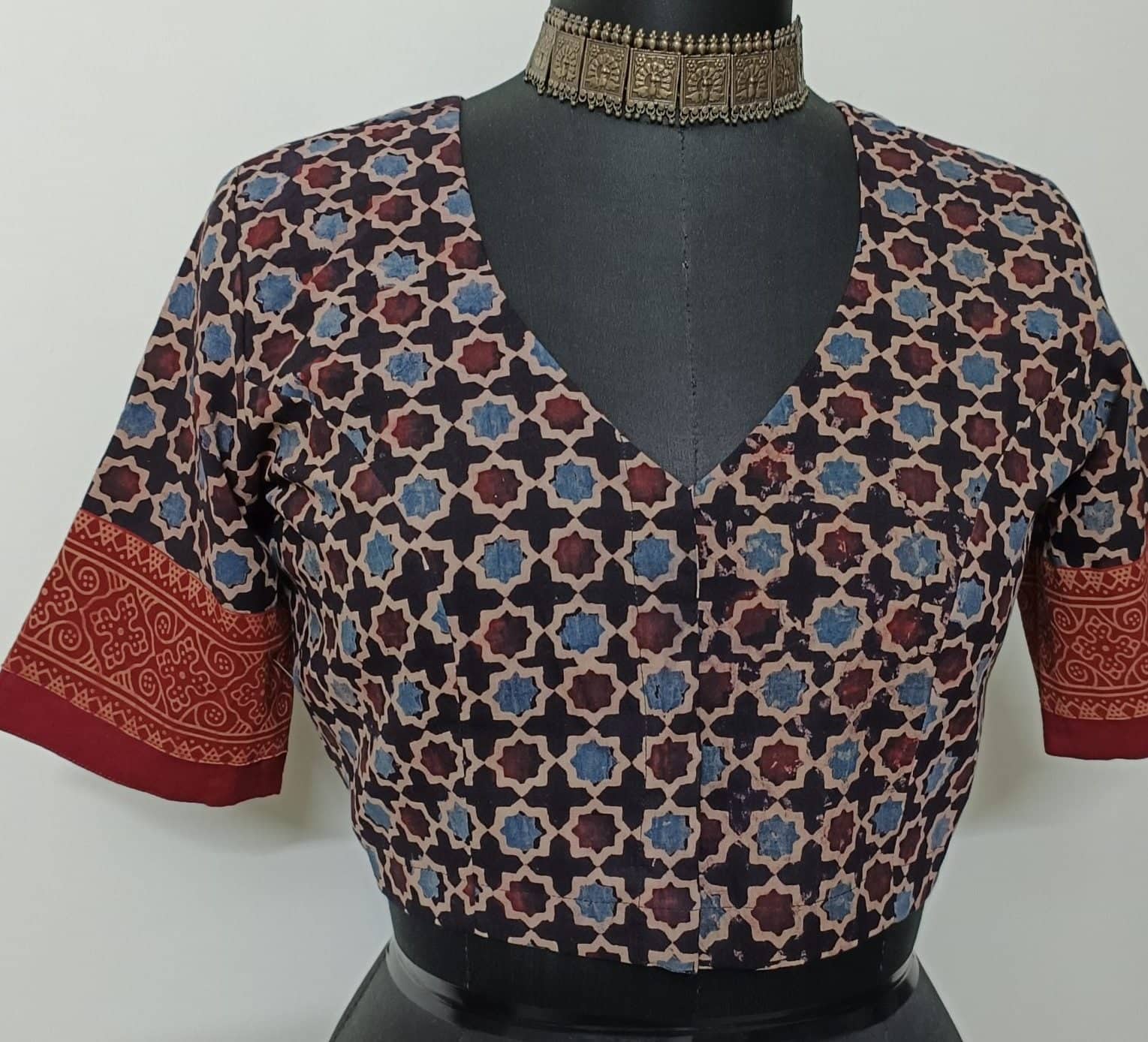 Black Mauve Mughal Print Ajrakh Readymade Blouse | Godhuli