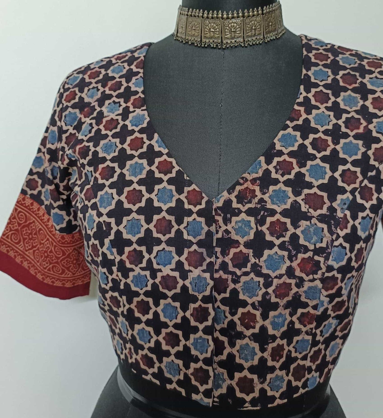 Black Mauve Mughal Print Ajrakh Readymade Blouse | Godhuli