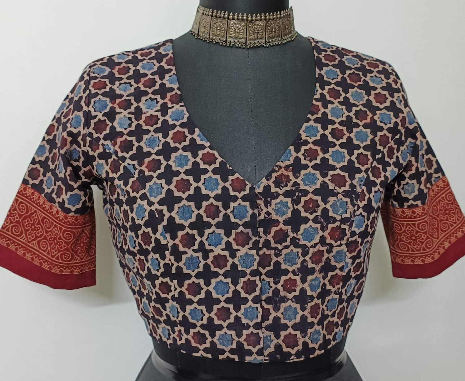 Black Mauve Mughal Print Ajrakh Readymade Blouse | Godhuli