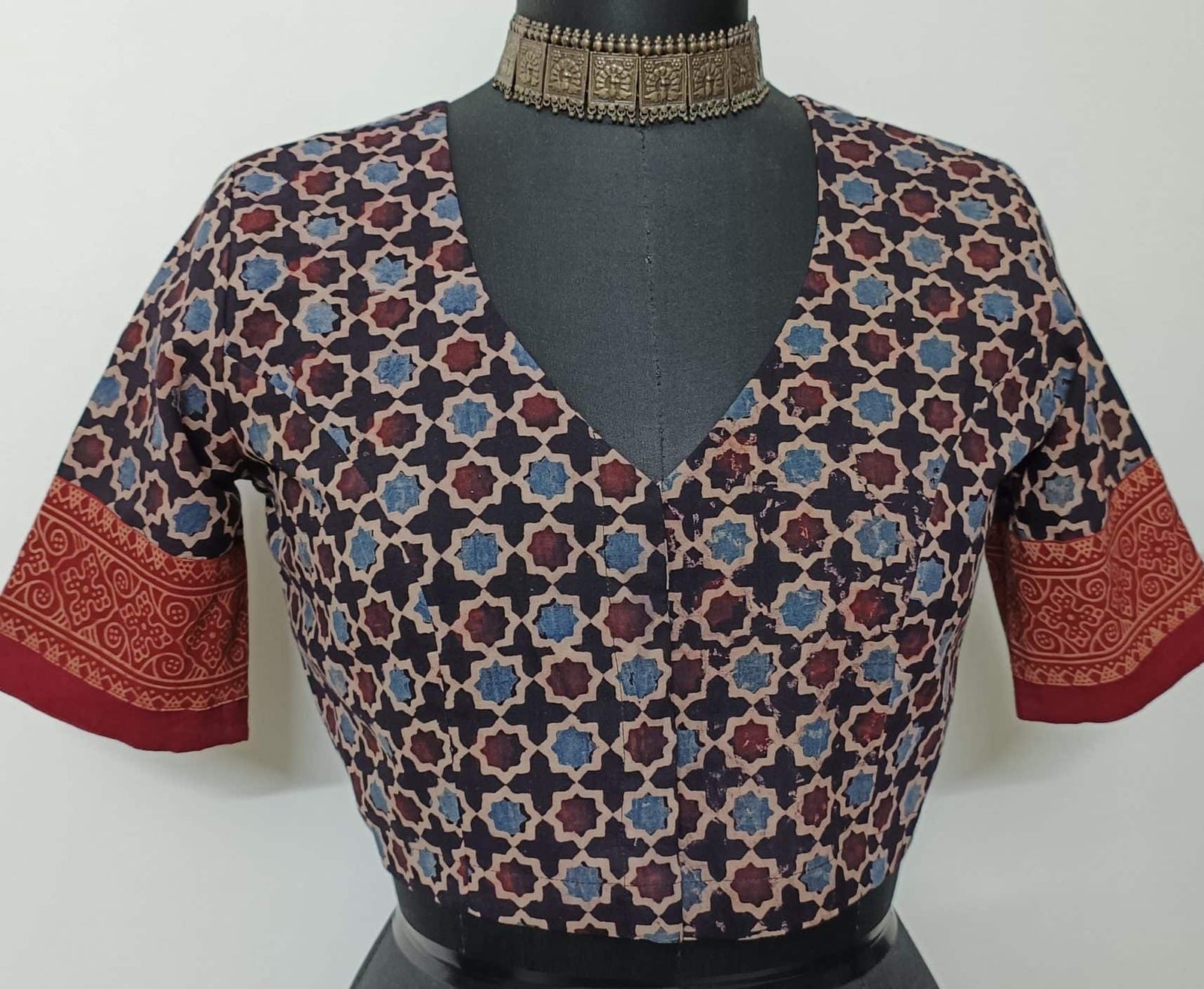 Black Mauve Mughal Print Ajrakh Readymade Blouse | Godhuli