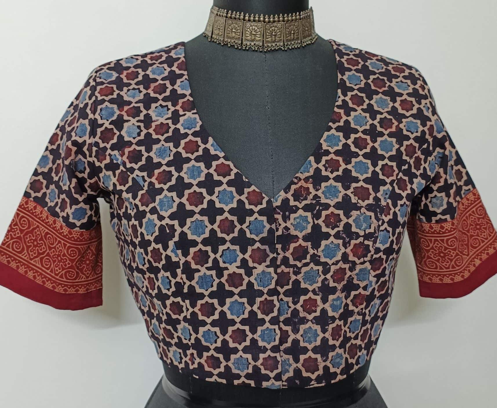 Black Mauve Mughal Print Ajrakh Readymade Blouse | Godhuli
