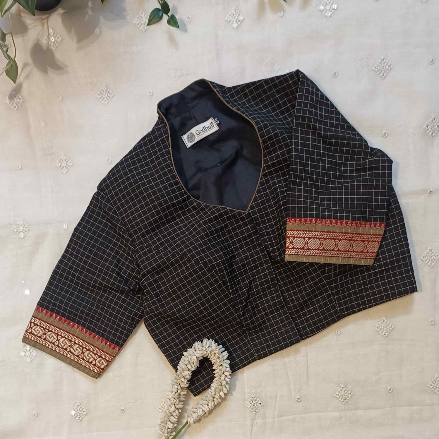 Black Olive Two Tone Checkered Readymade Blouse | Godhuli