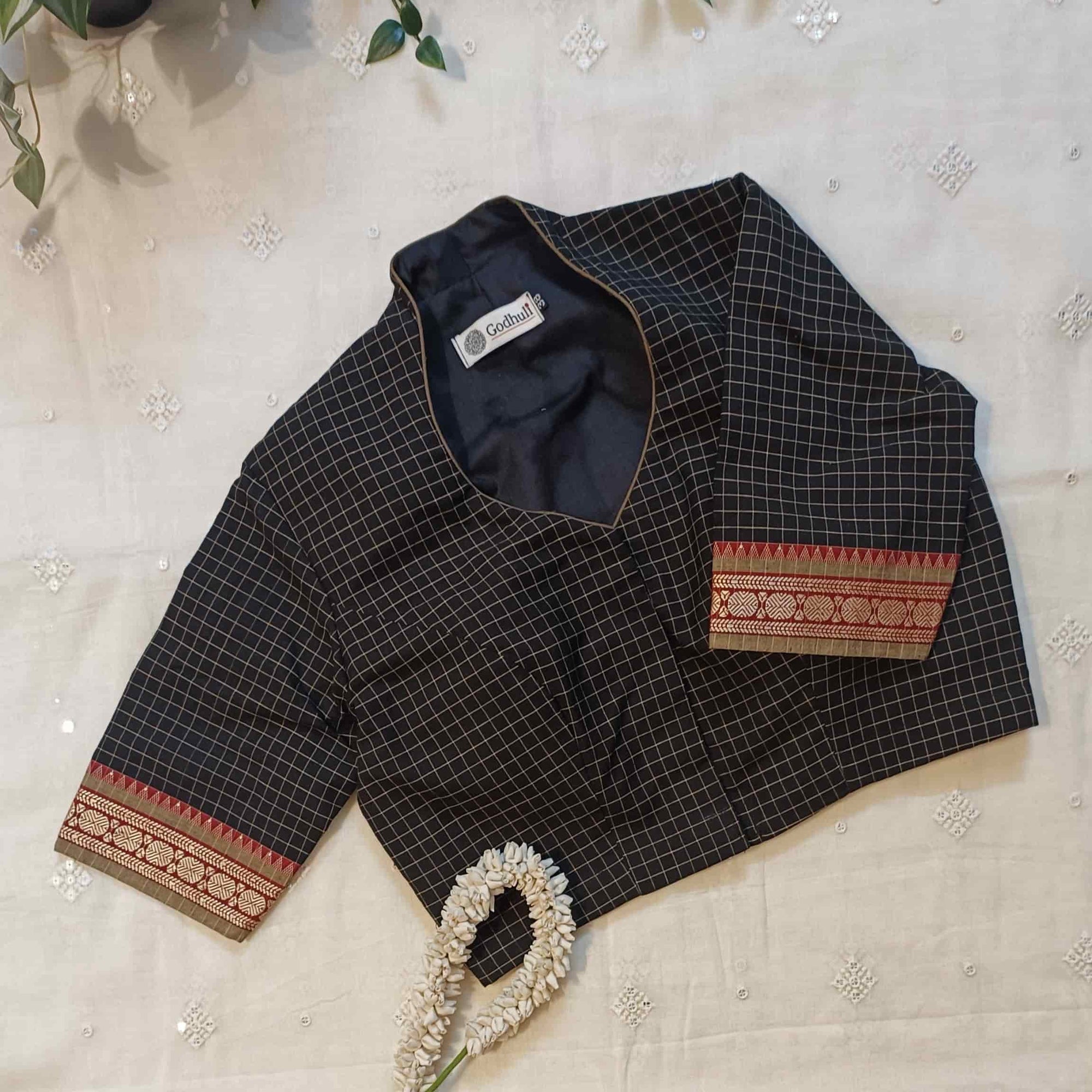 Black Olive Two Tone Checkered Readymade Blouse | Godhuli