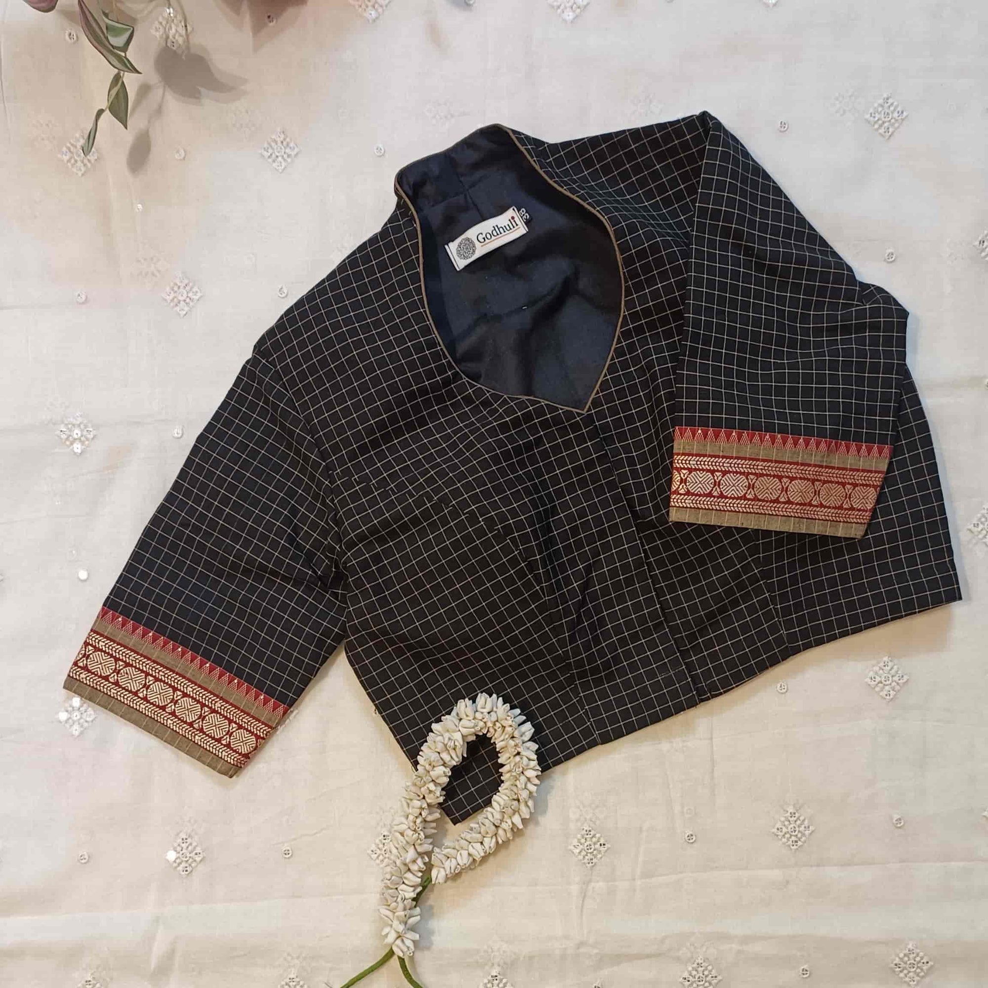 Black Olive Two Tone Checkered Readymade Blouse | Godhuli