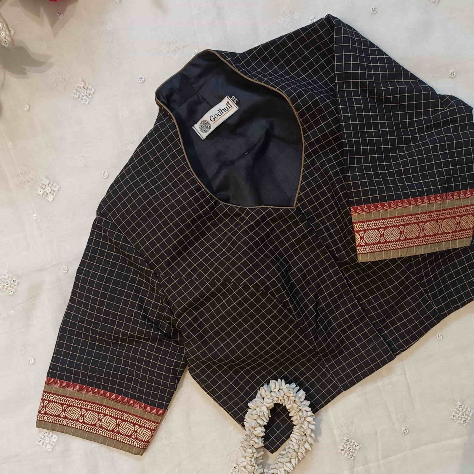 Black Olive Two Tone Checkered Readymade Blouse | Godhuli