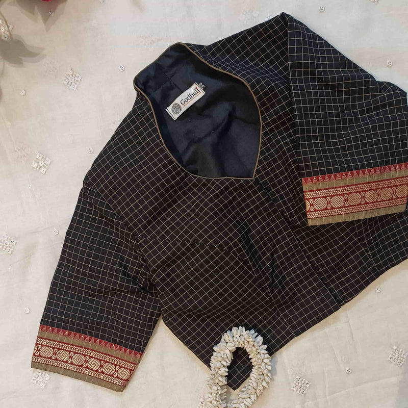 Black Olive Two Tone Checkered Readymade Blouse | Godhuli