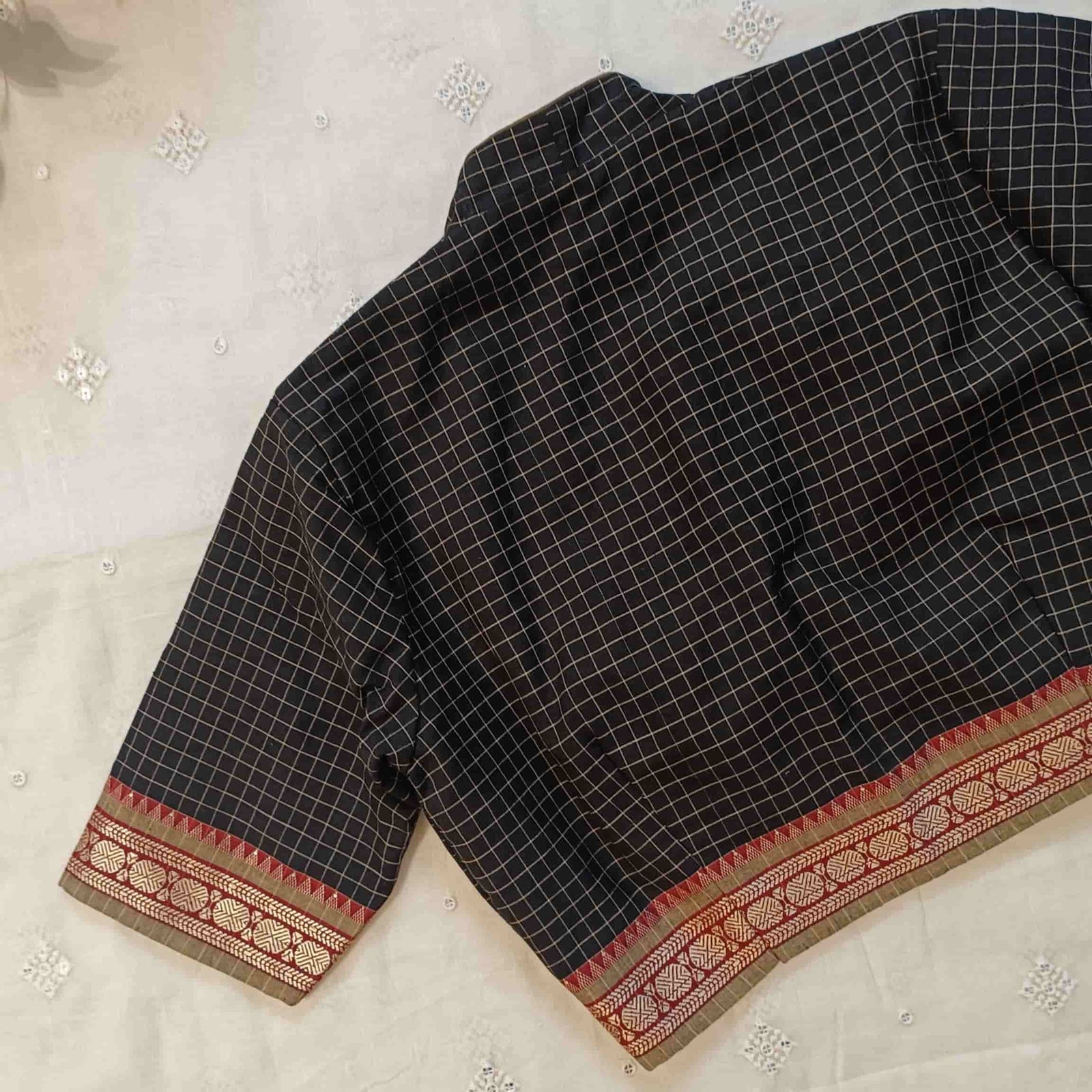 Black Olive Two Tone Checkered Readymade Blouse | Godhuli