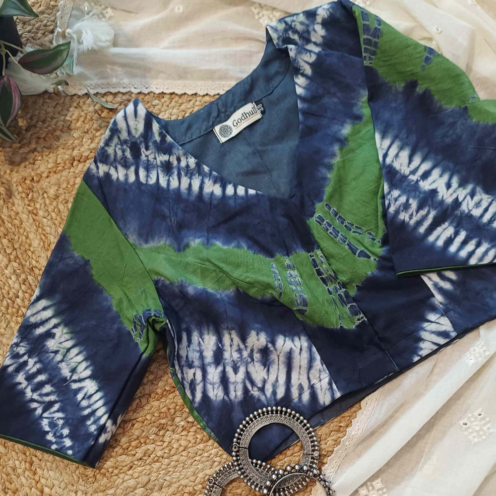 Blue Green Shibori Readymade Blouse | Godhuli