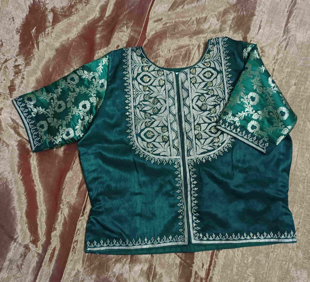 Bottle Green Gaji Silk Aari Work Readymade Blouse | Godhuli