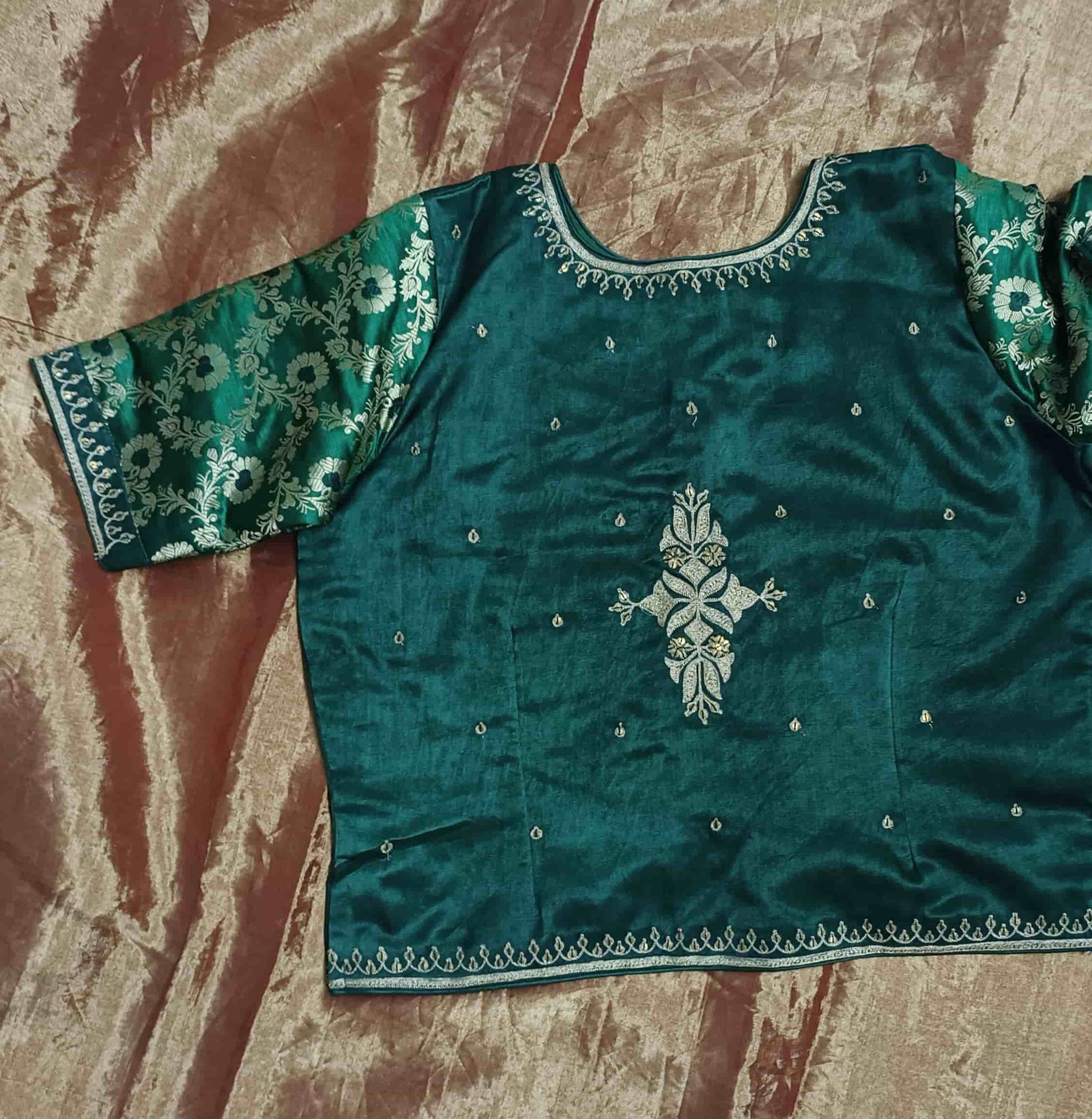 Bottle Green Gaji Silk Aari Work Readymade Blouse | Godhuli