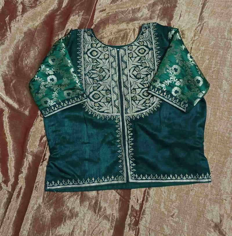 Bottle Green Gaji Silk Aari Work Readymade Blouse | Godhuli