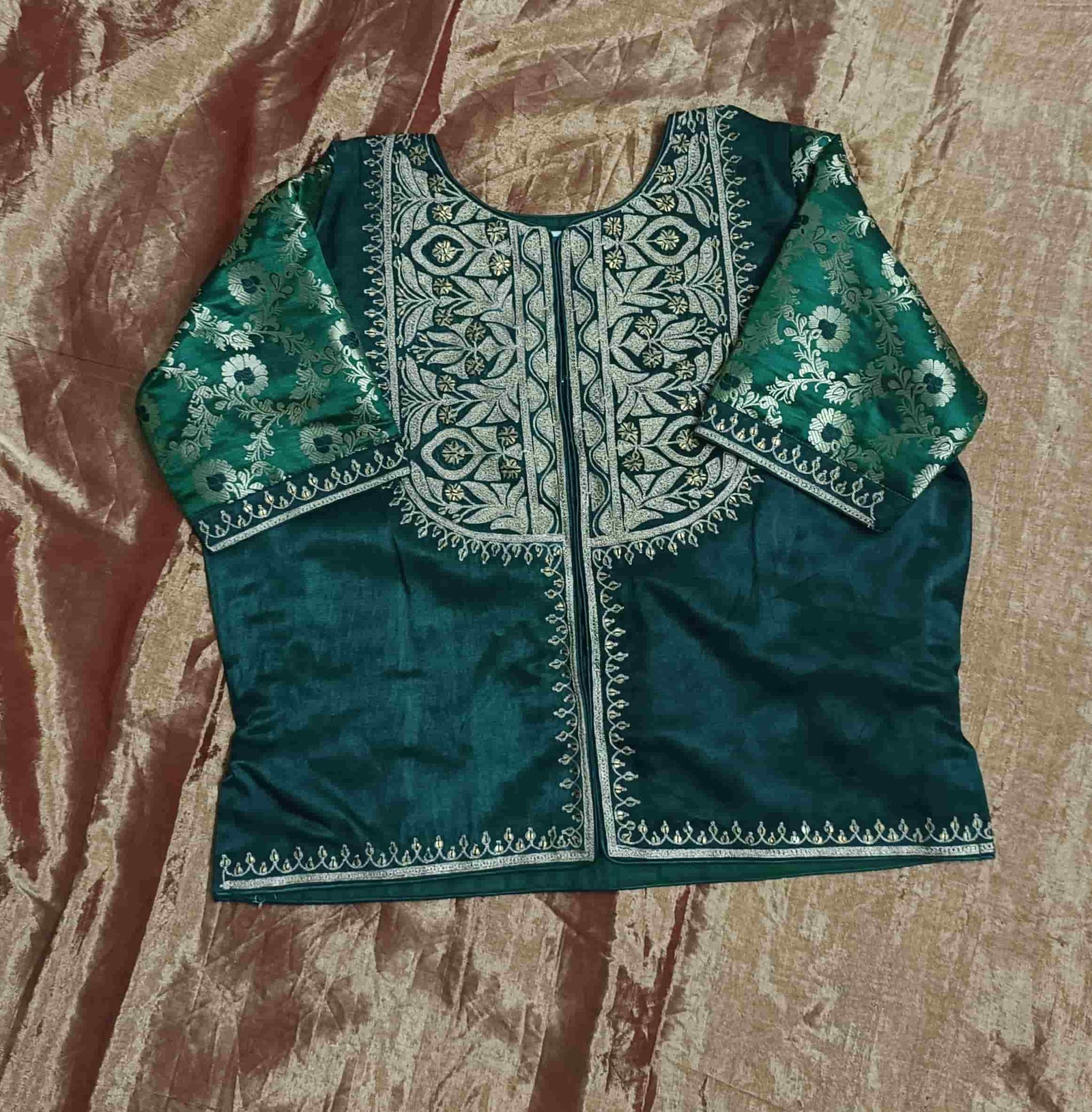 Bottle Green Gaji Silk Aari Work Readymade Blouse | Godhuli