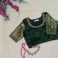 Bottle Green Silk Brocade Sleeves Aari Work Readymade Blouse | Godhuli