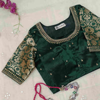 Bottle Green Silk Brocade Sleeves Aari Work Readymade Blouse | Godhuli