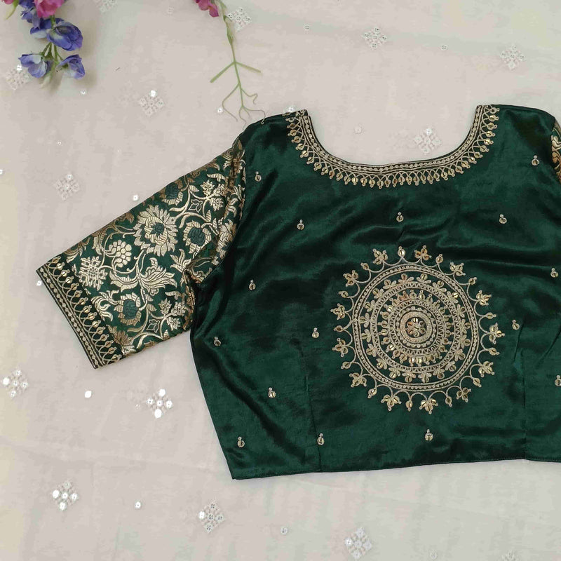 Bottle Green Silk Brocade Sleeves Aari Work Readymade Blouse | Godhuli