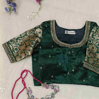 Bottle Green Silk Brocade Sleeves Aari Work Readymade Blouse | Godhuli