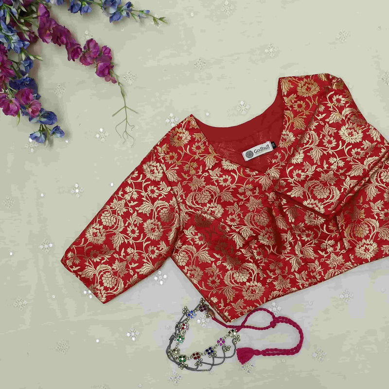 Bright Red Jaal Banarasi Brocade Readymade Blouse | Godhuli