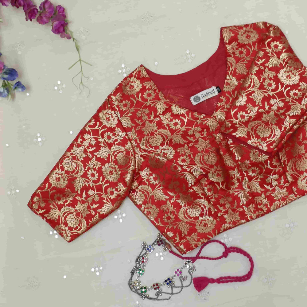 Bright Red Jaal Banarasi Brocade Readymade Blouse | Godhuli