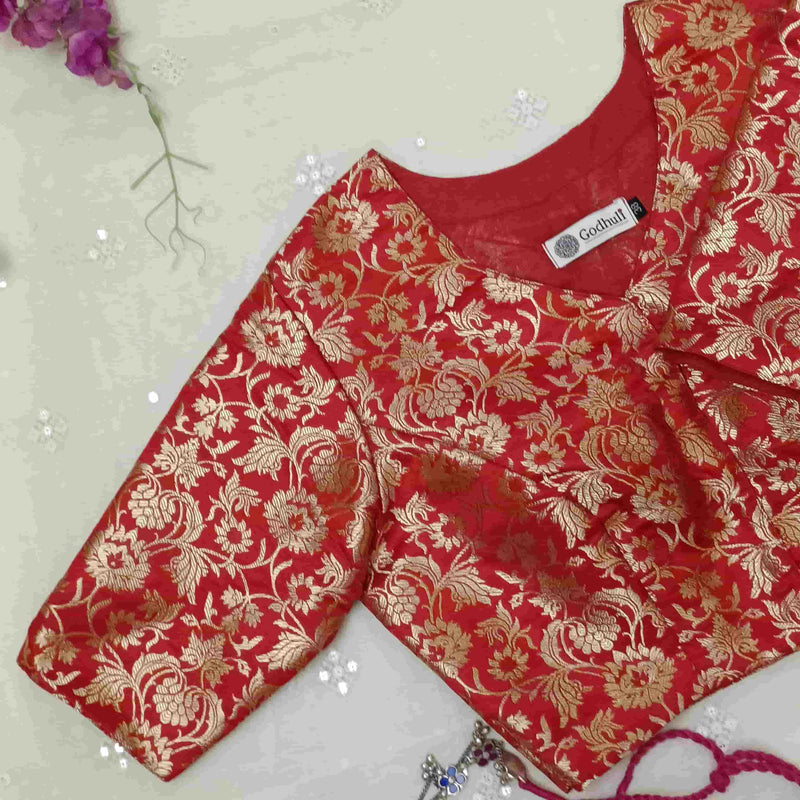Bright Red Jaal Banarasi Brocade Readymade Blouse | Godhuli