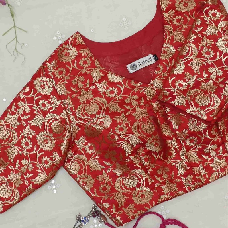 Bright Red Jaal Banarasi Brocade Readymade Blouse | Godhuli