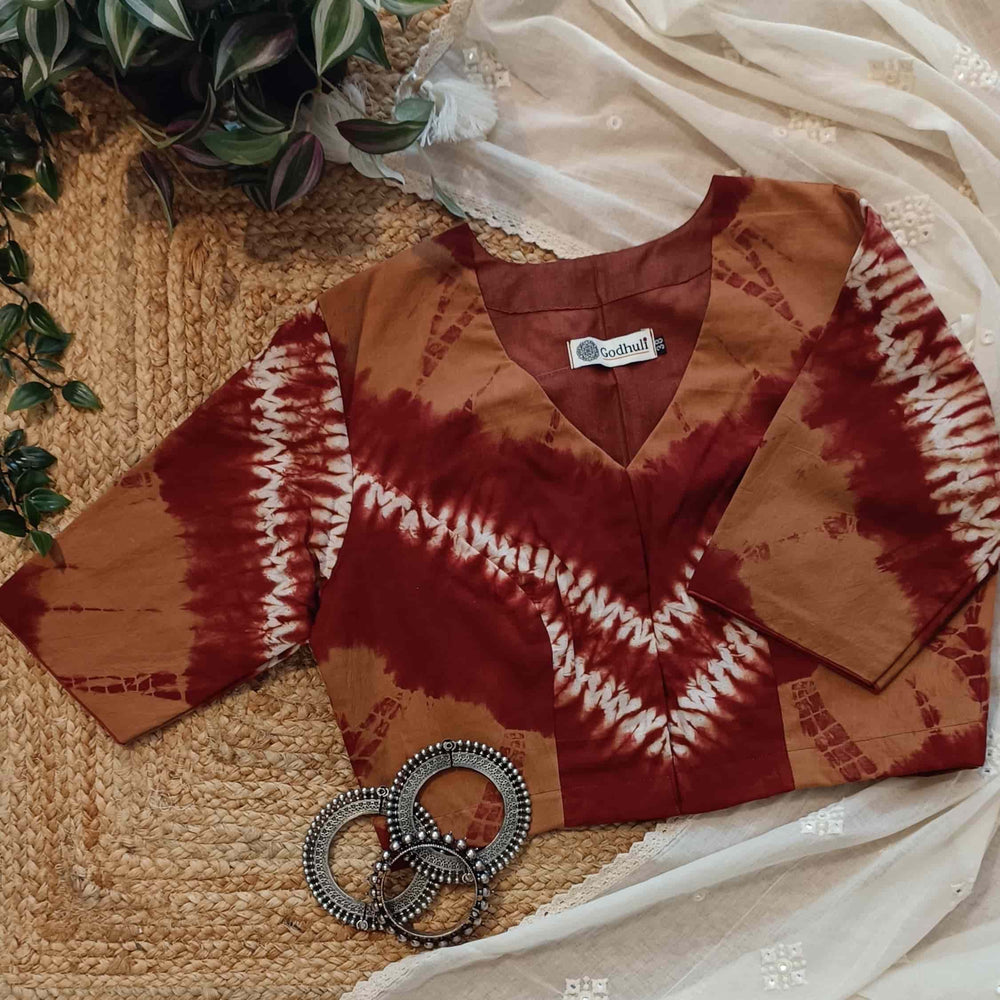 Brown Maroon Shibori Readymade Blouse | Godhuli