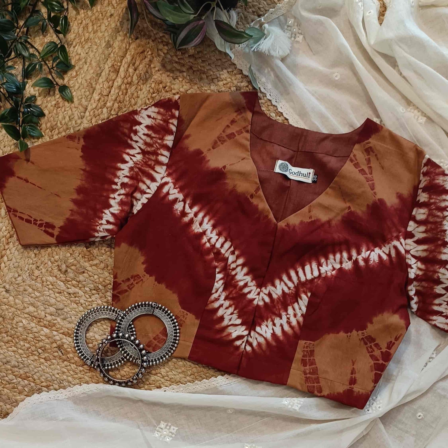 Brown Maroon Shibori Readymade Blouse | Godhuli
