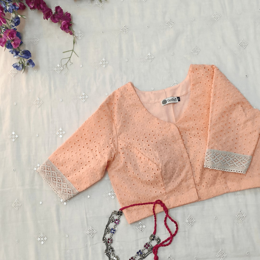 Candy Peach Cut Work Embroidered Readymade Blouse | Godhuli
