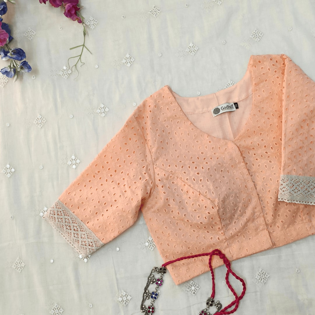 Candy Peach Cut Work Embroidered Readymade Blouse | Godhuli