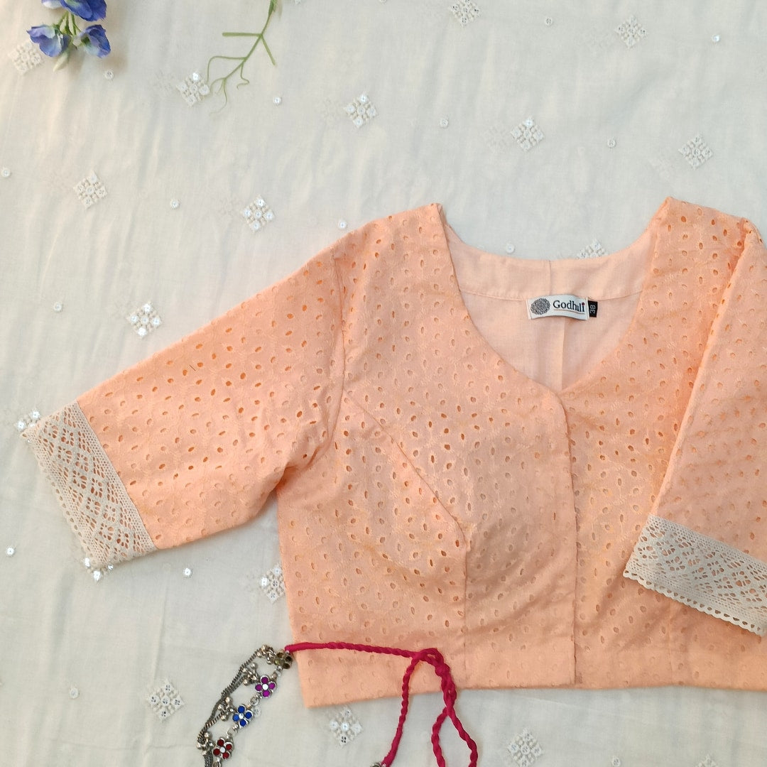 Candy Peach Cut Work Embroidered Readymade Blouse | Godhuli