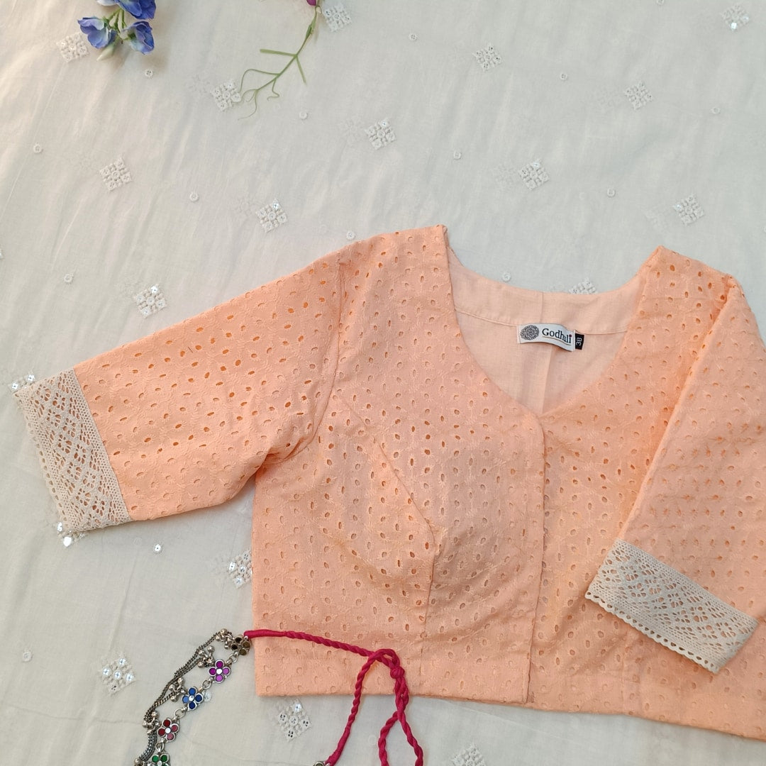 Candy Peach Cut Work Embroidered Readymade Blouse | Godhuli