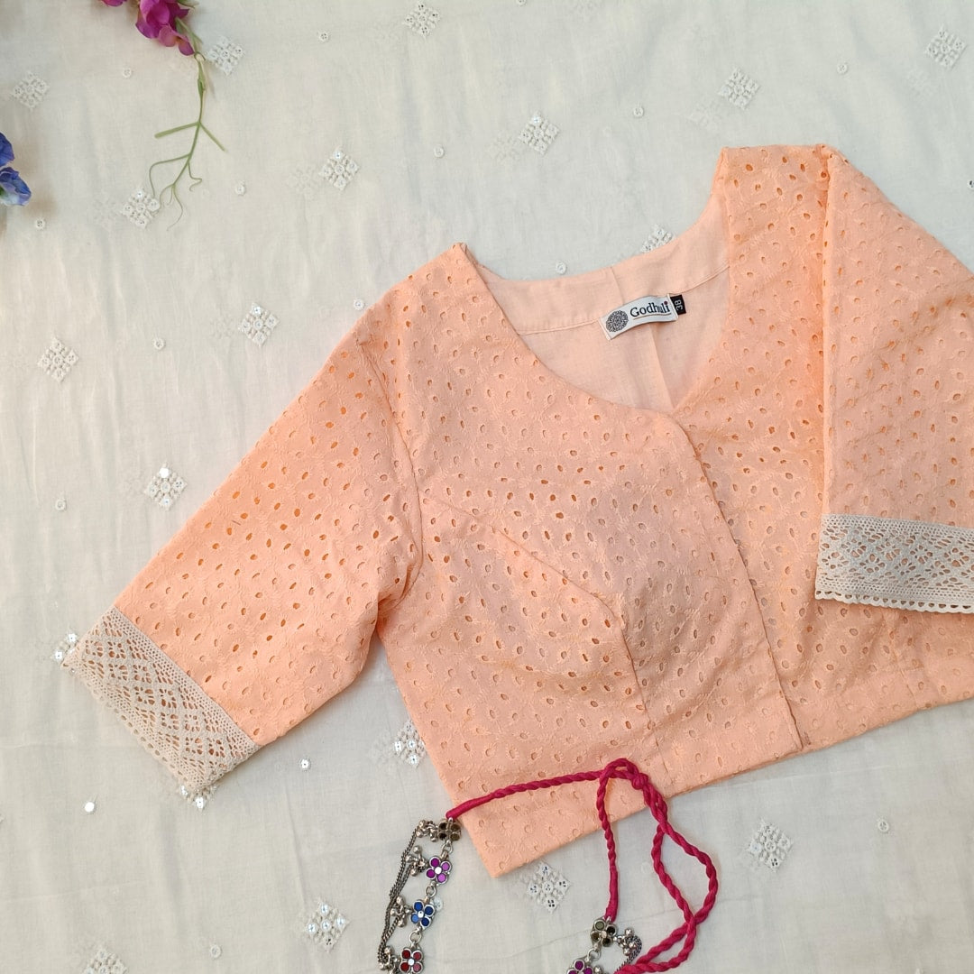 Candy Peach Cut Work Embroidered Readymade Blouse | Godhuli