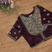 Chocolate Brown Gaji Silk Aari Work Readymade Blouse | Godhuli