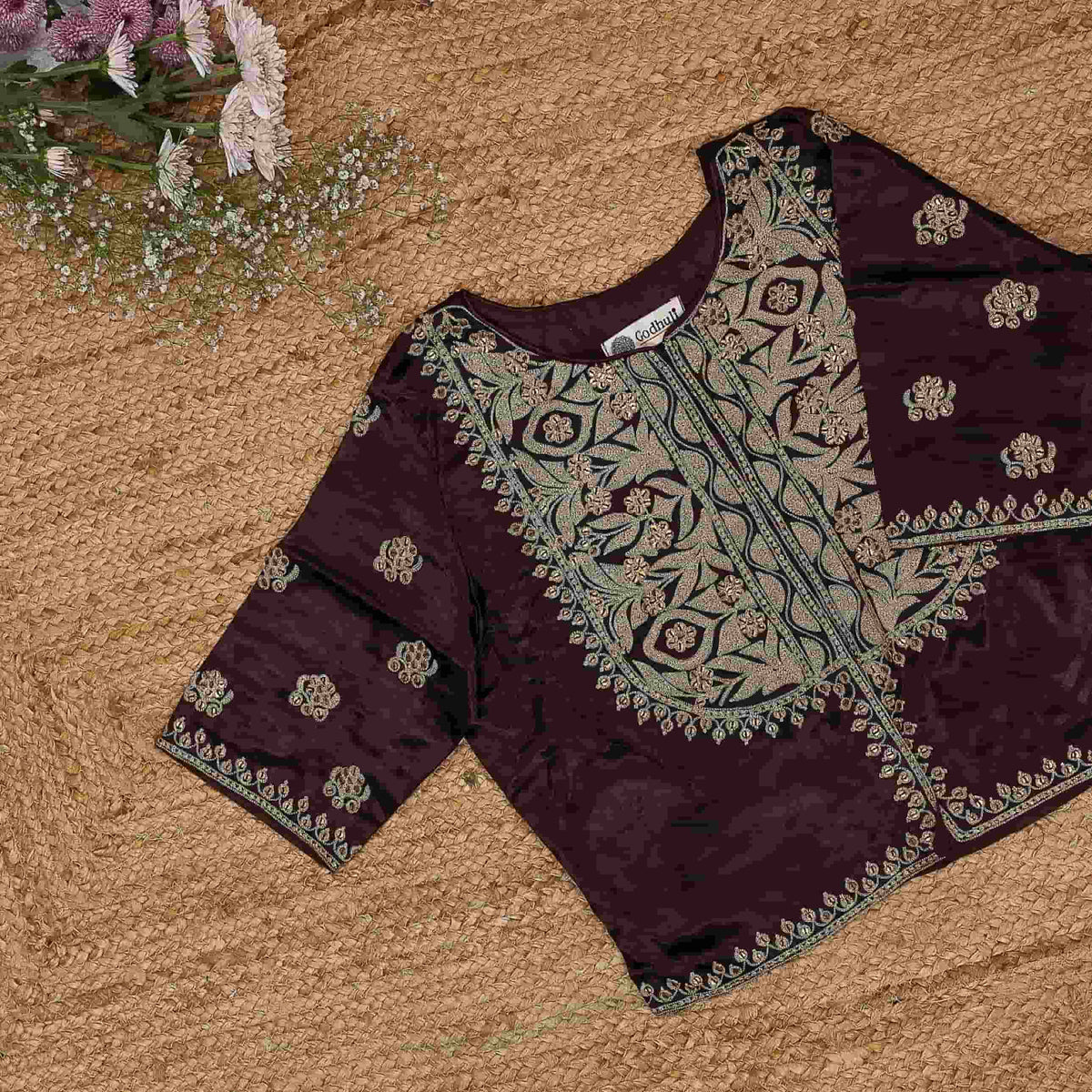 Chocolate Brown Gaji Silk Aari Work Readymade Blouse | Godhuli